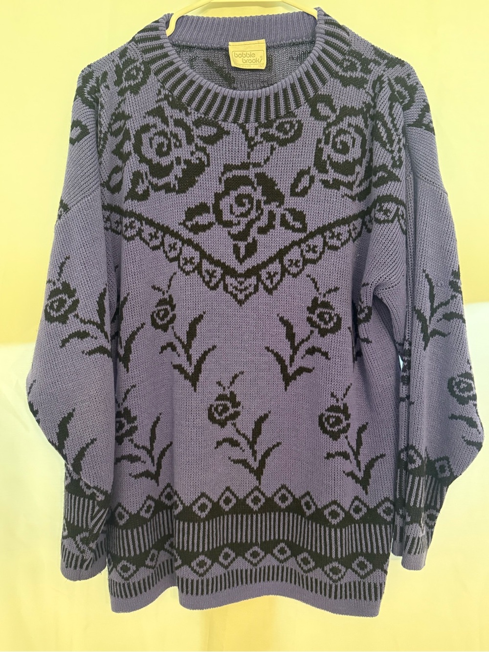 Bobbie Brooks Purple Black Rose Floral Knit Sweater Medium Made in USA